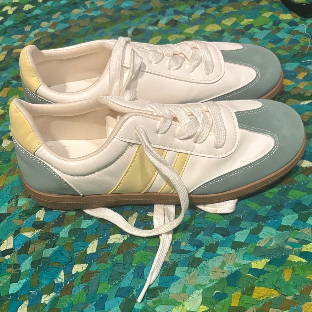White and Green yellow stripe Sneakers. Worn once! EUC